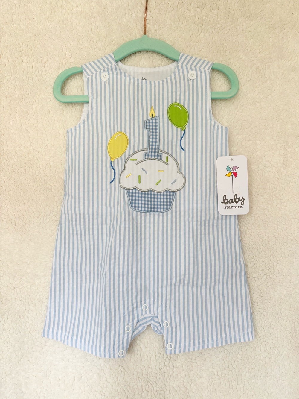 Baby Starters Blue Stripe Cupcake First Birthday Romper - 12M - NWT